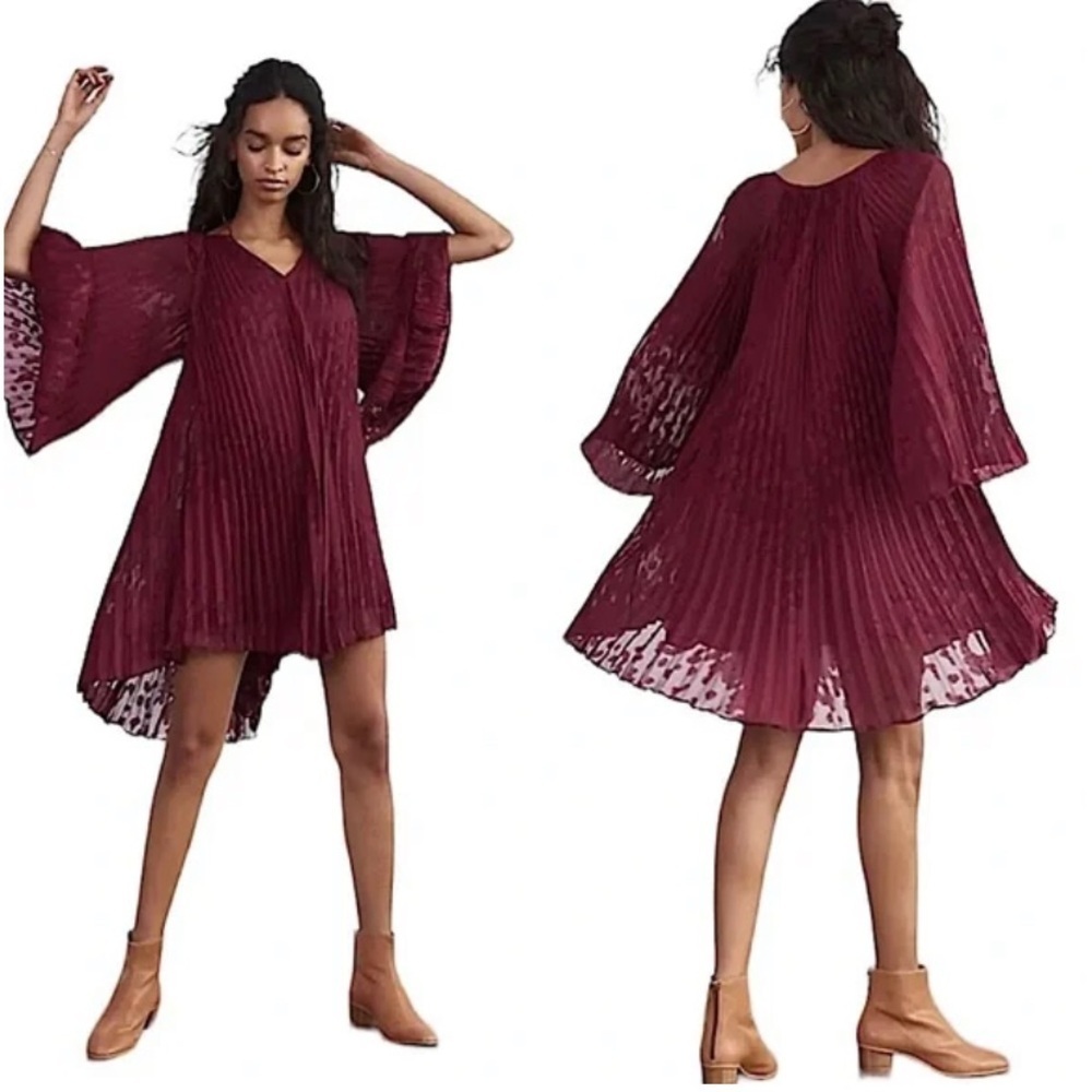 Anthropologie Toulon Pleated Mini Dress in Plum Size Small NEW